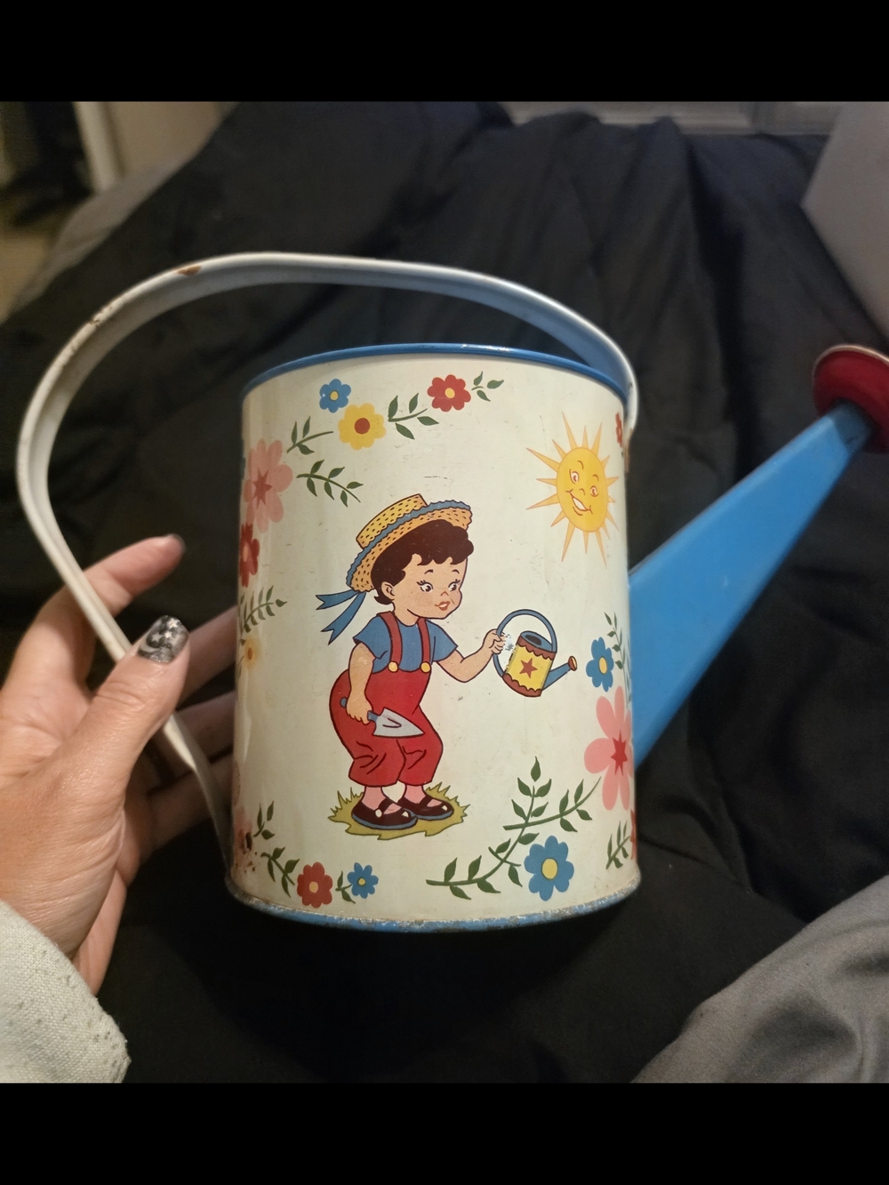 Vintage Children's Floral Watering Can - White and Blue